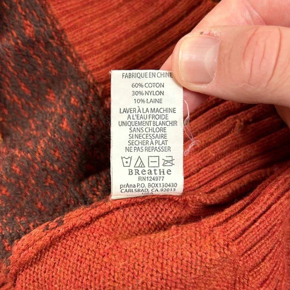 Prana Sweater Women Small Rust Orange Fair Isle Wool Blend Side Button Pullover